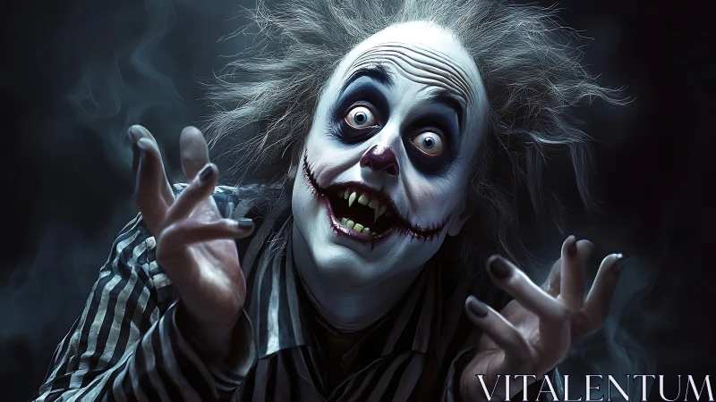 Horror clown portrait with wild hair and striped suit.