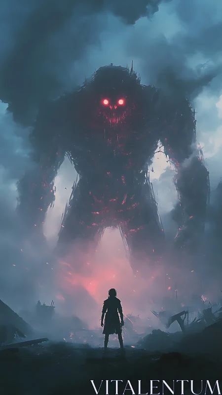 Silhouetted human confronts colossal red-eyed smoke entity in ruins