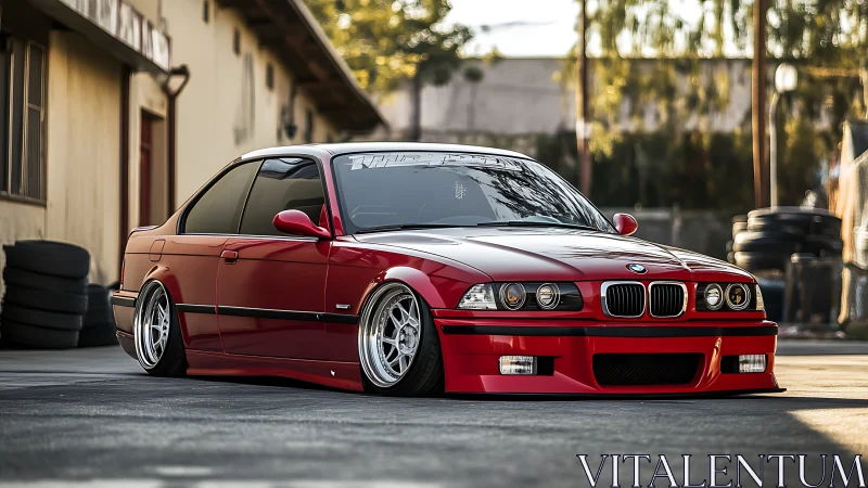 Lowered red BMW coupe parked in an industrial courtyard.