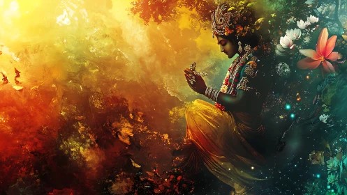 Divine figure with butterfly amid vivid abstract colors.