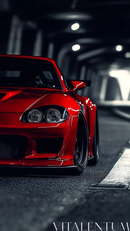 Low-angle profile of red tuned sports car under tunnel lighting