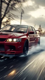 Red sports sedan drifts through wet highway at high speed