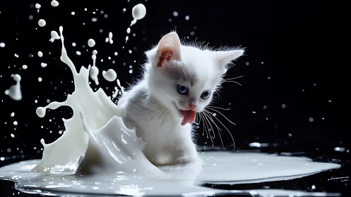 White Kitten's Playful Milk Splash Adventure.