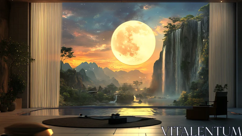 Interior pool frames hyperreal moonlit waterfall valley vista