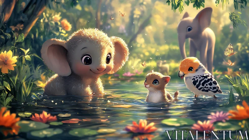 Baby elephant and forest friends share glowing pond moment.