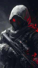 Hooded tactical figure with glowing red eyes holds rifle