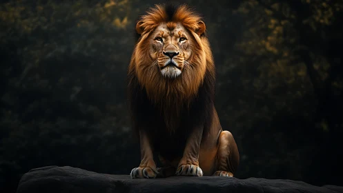 Male lion sits centered on rock against dark forest backdrop