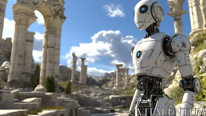 Weathered service robot in high‑detail ruins under daylight