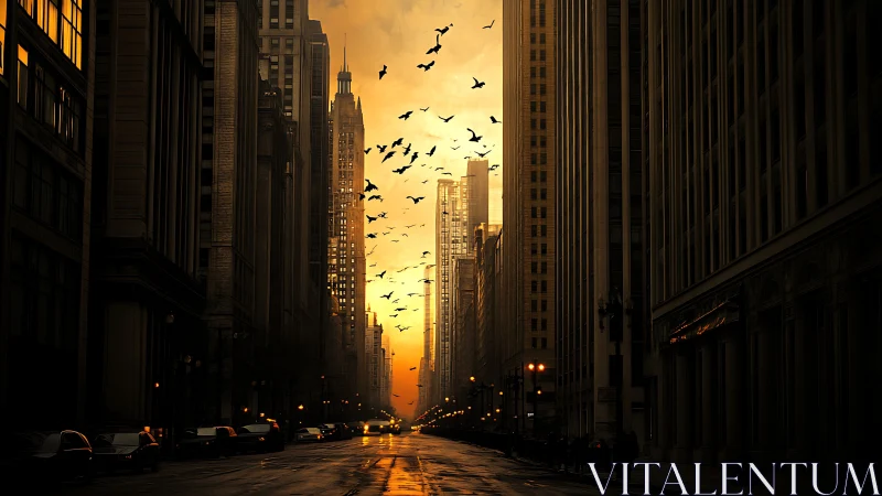 Sunset city street canyon with tall buildings and birds.