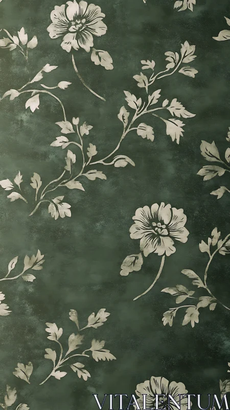 Muted green floral wallpaper with vintage vine pattern.