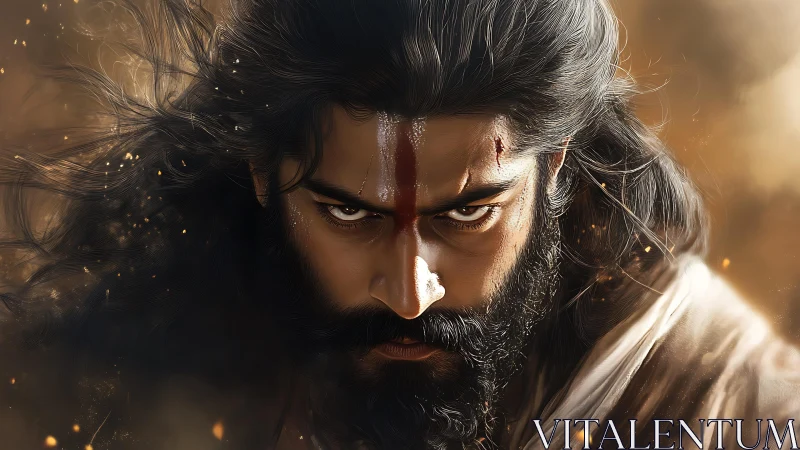 Warrior’s fierce gaze burns through swirling embers and smoke