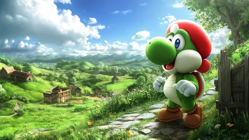 Anthropomorphic dino avatar in hyperreal agrarian valley landscape.