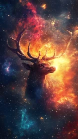 Celestial stag emerges in glowing nebula-filled cosmic night.