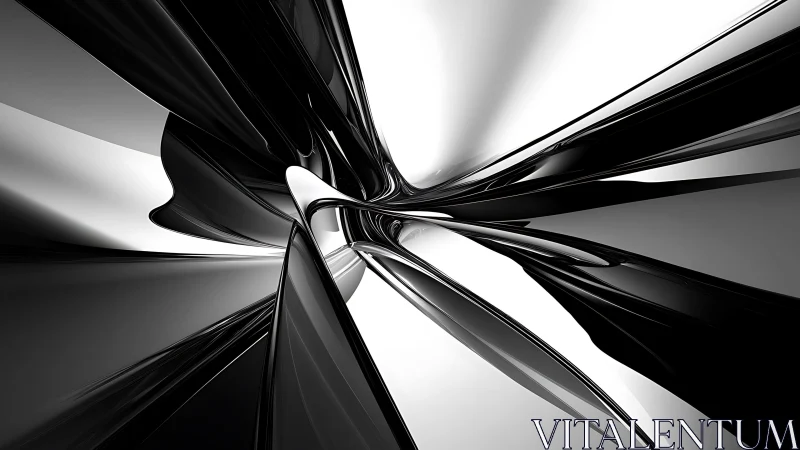Monochrome 3D ribbons form abstract metallic vortex center.