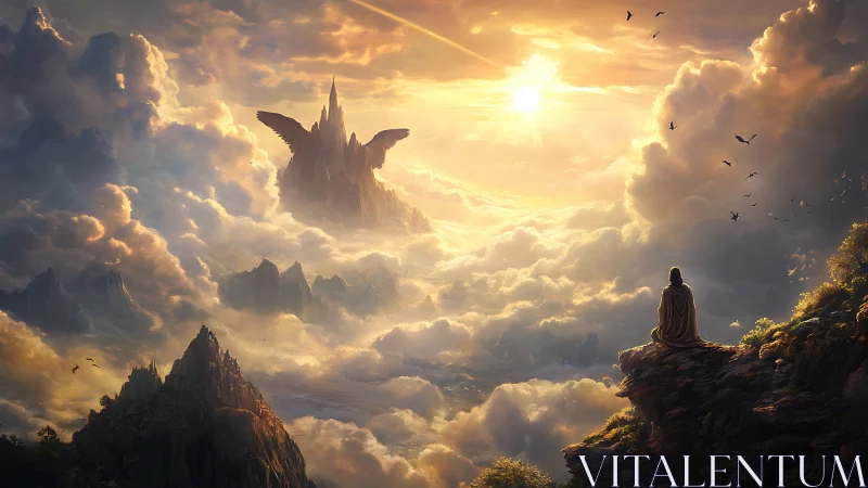 Skyborne citadel and lone seer beneath a blazing dawn.