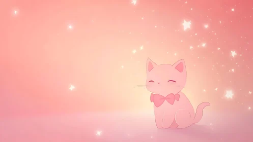 Pink cartoon cat sits on gradient background with stars