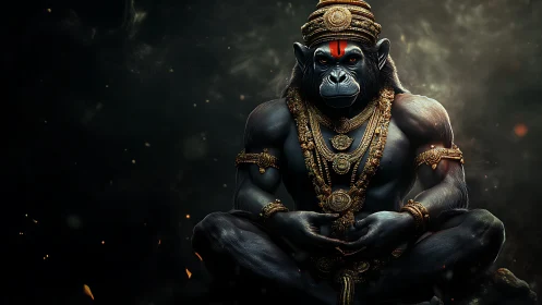 Simian humanoid figure sits adorned with ornate gold jewelry