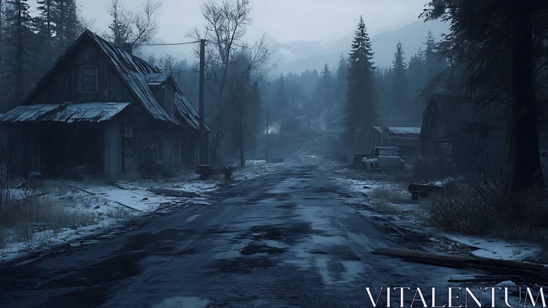 Deserted winter logging road with derelict cabins and trucks