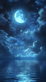 Luminous full moon above calm reflective nocturnal ocean.