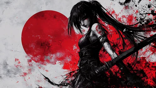 Dark katana warrior stands before a blood-red rising sun
