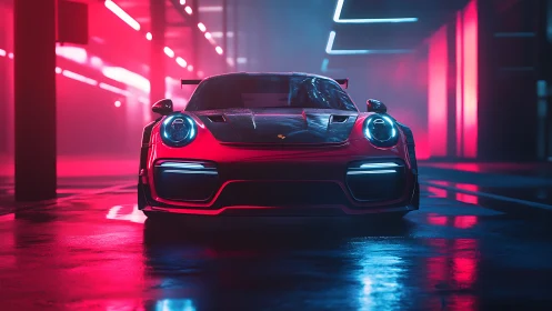Neon-lit sports car stands poised in a futuristic city garage.