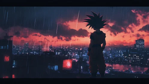 Rainy rooftop hero watching a neon city at sunset.
