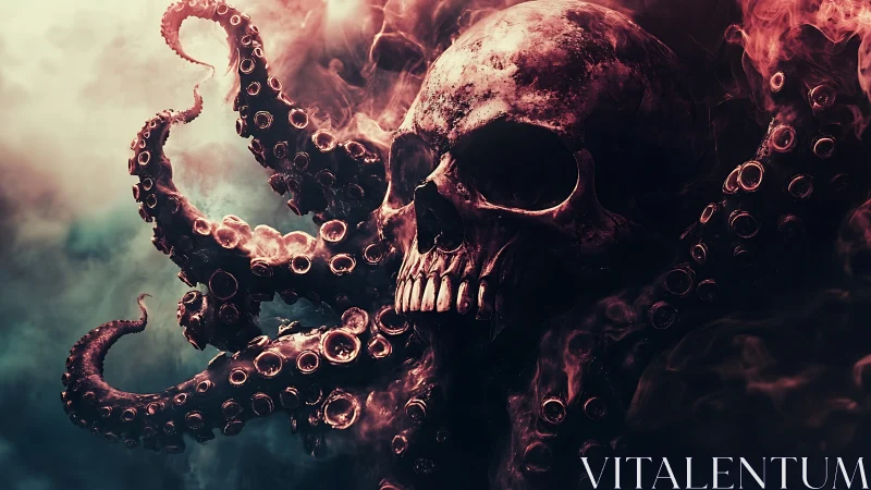 Eldritch skull entwined with crimson tentacles in fog.