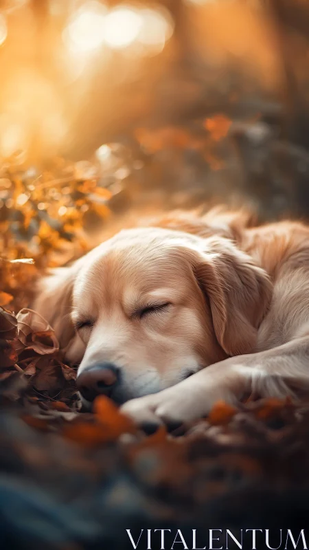 Golden retriever naps softly in warm autumn forest glow