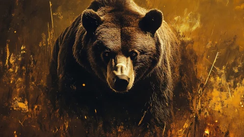 Golden forest guardian bear emerging from painted shadows.