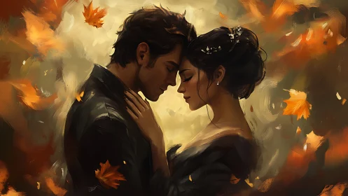 Two figures positioned in close proximity amid autumn foliage rendering
