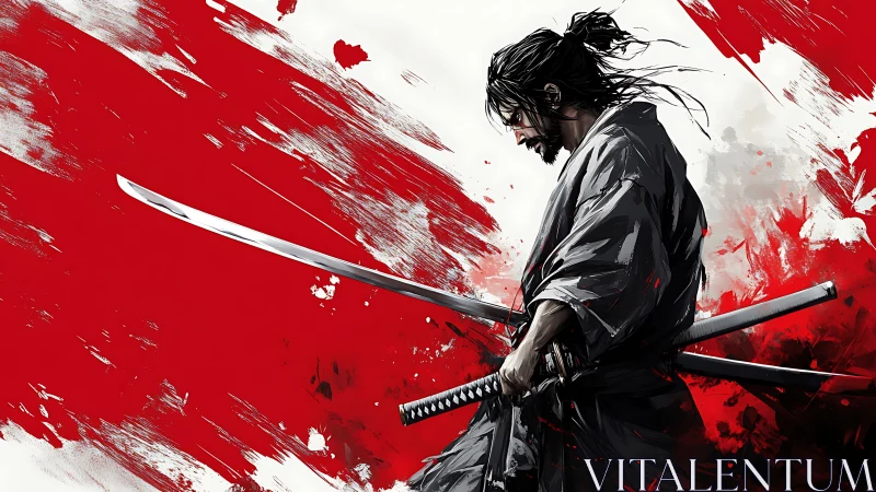 Samurai blades cut crimson storm of abstract battle.