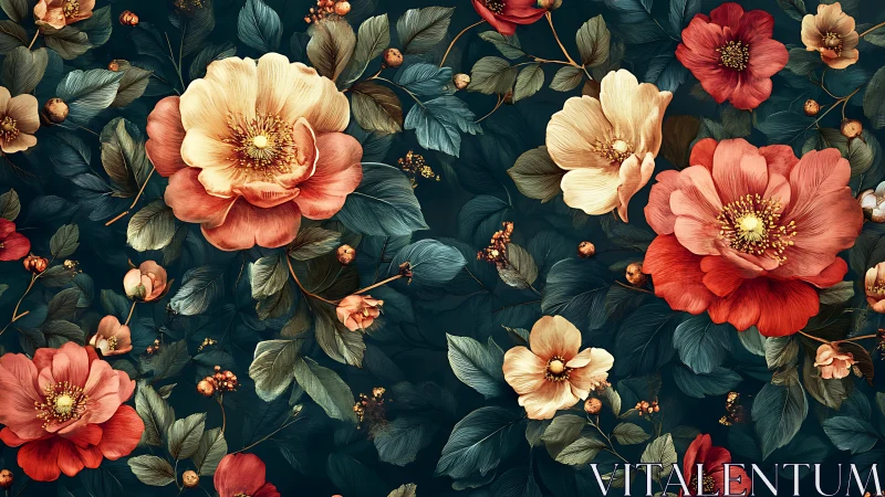 Botanical Pattern With Layered Florals on Dark Ground.