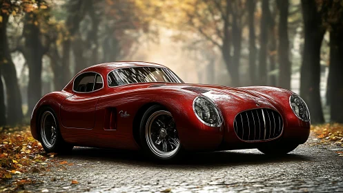 Curved red classic coupe glows along a quiet autumn avenue