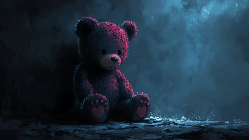 Soft teddy bear under cold rim lighting in desaturated corner