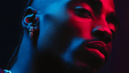 Close portrait in bold blue and red neon lighting.