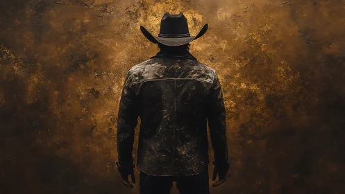 Lone cowboy in worn leather against glowing rustic backdrop.