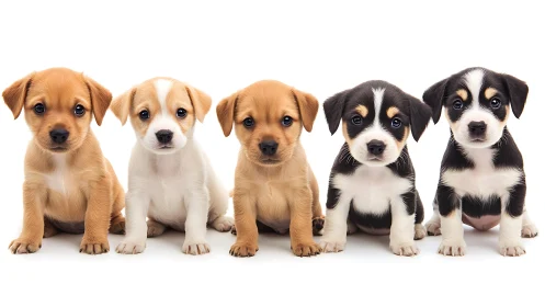 Row of mixed breed puppies sitting against white background.