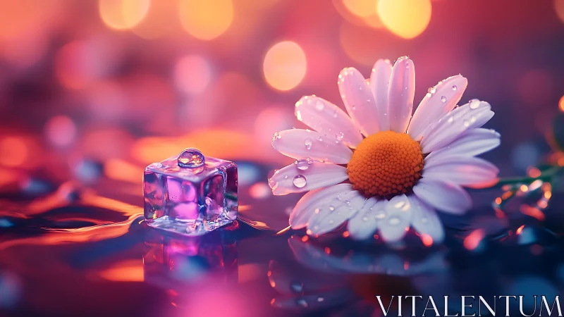 Pink daisy with crystalline perfume bottle in bokeh light
