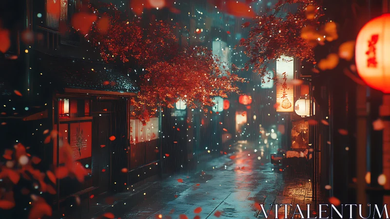 Rain-drenched lantern alley under glowing crimson maples.