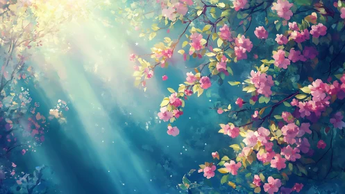 Volumetric sunbeams through luminous cherry blossom canopy.