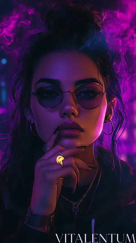 Neon-lit girl with moonlit ring in dreamy purple night.