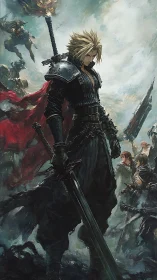 Stoic blonde swordsman stands tall amid stormy battlefield.