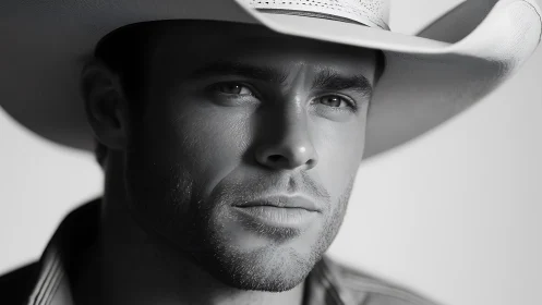 Moody black and white portrait of a modern cowboy in focus
