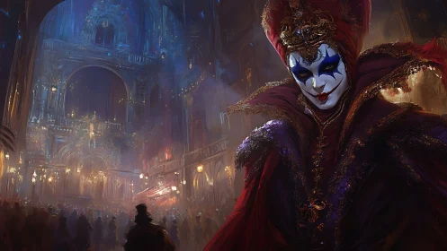 Masked figure dominates ornate hall filled with distant crowd