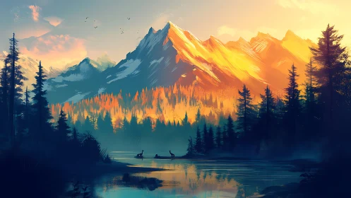 Mountain lake landscape with conifer forest at sunrise.