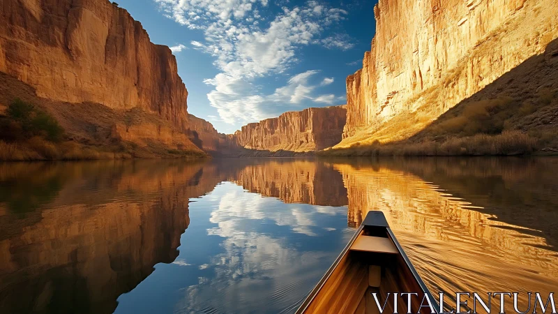 Canoe glides through mirror canyon where sky melts into stone.