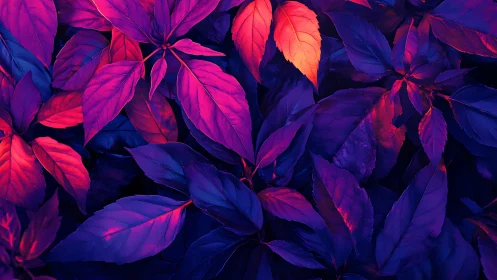 Neon botanical leaves glow under deep ultraviolet light.