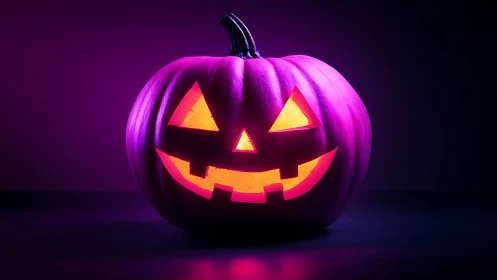 Neon-lit carved jack-o-lantern with glowing interior illumination