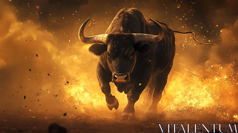 Charging bull engulfed in cinematic inferno of sparks and flame.