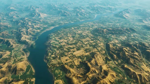 River valley and patchwork farmland in arid mountain region.